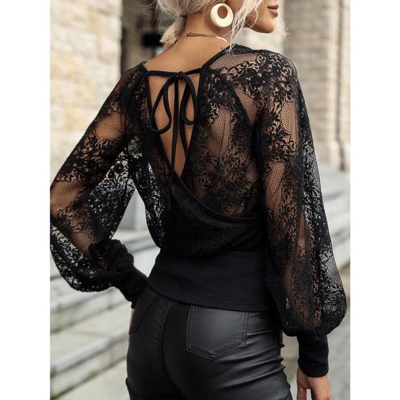 Floral Lace long sleeve Tie Back Lantern sheer long Sleeve Top black - Picture 2 of 6
